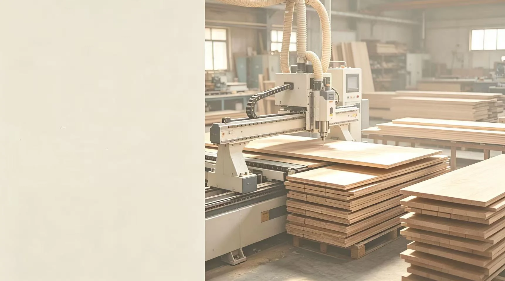 Company-supplied production equipment inside a solid-wood manufacturing hall