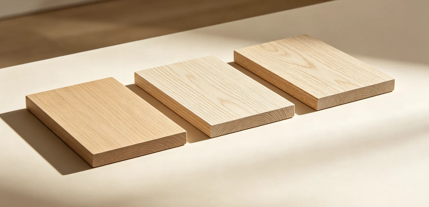 Three company-supplied light wood samples displayed for material selection