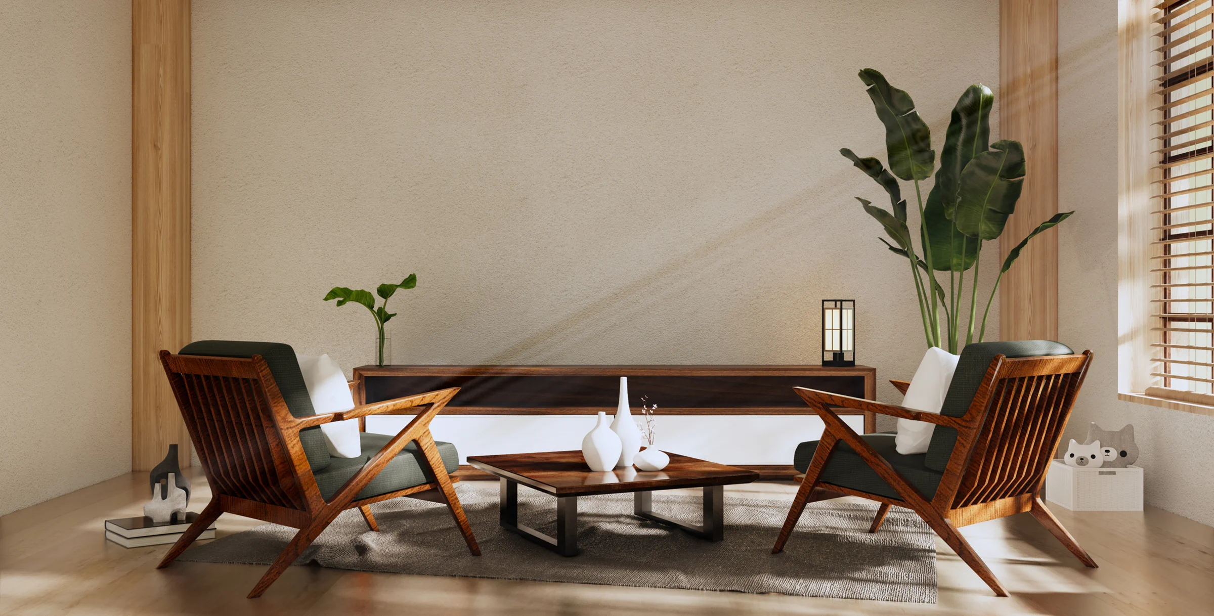 Company-supplied living-room furniture arranged around a solid-wood coffee table