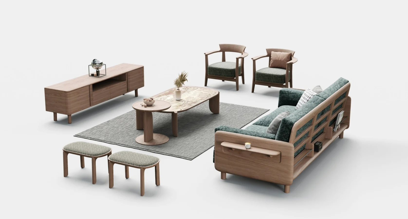 Coordinated solid-wood living-room furniture in a supplied interior scene