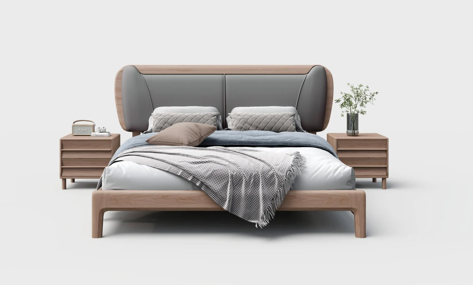 Upholstered white-oak bed in a supplied bedroom scene
