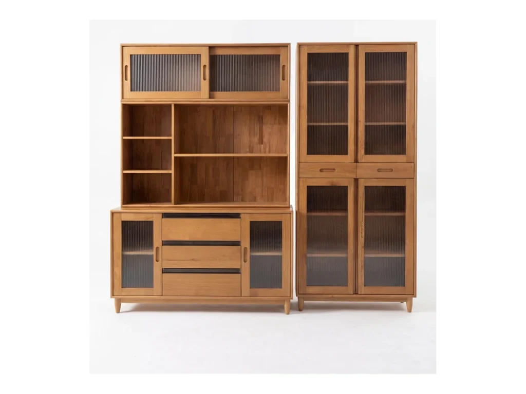 Coordinated storage cabinets with reeded-glass doors, drawers and open shelving