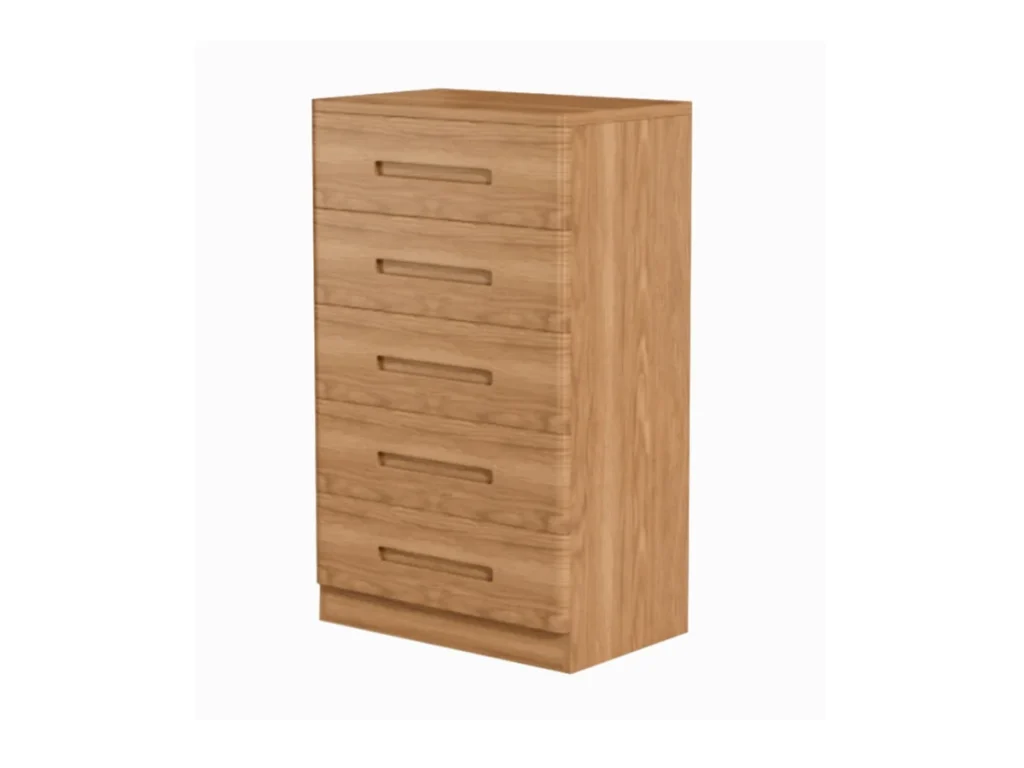 Five-drawer storage chest with recessed pulls on a white studio background
