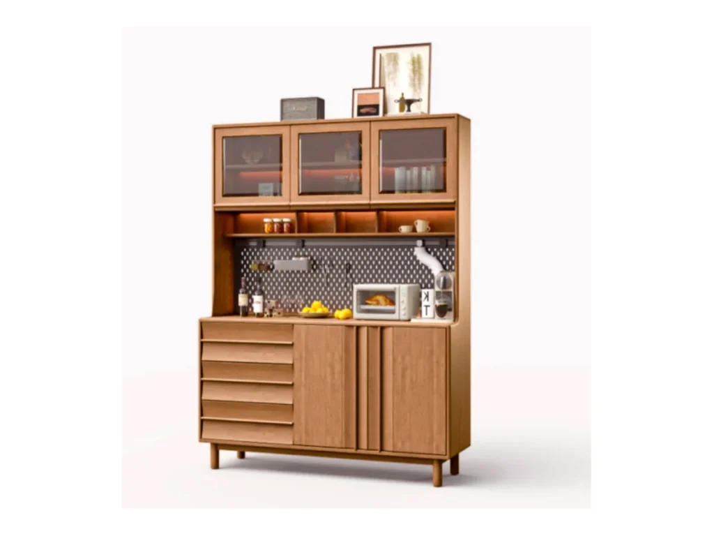Freestanding kitchen storage hutch with glazed upper cabinets and a work surface