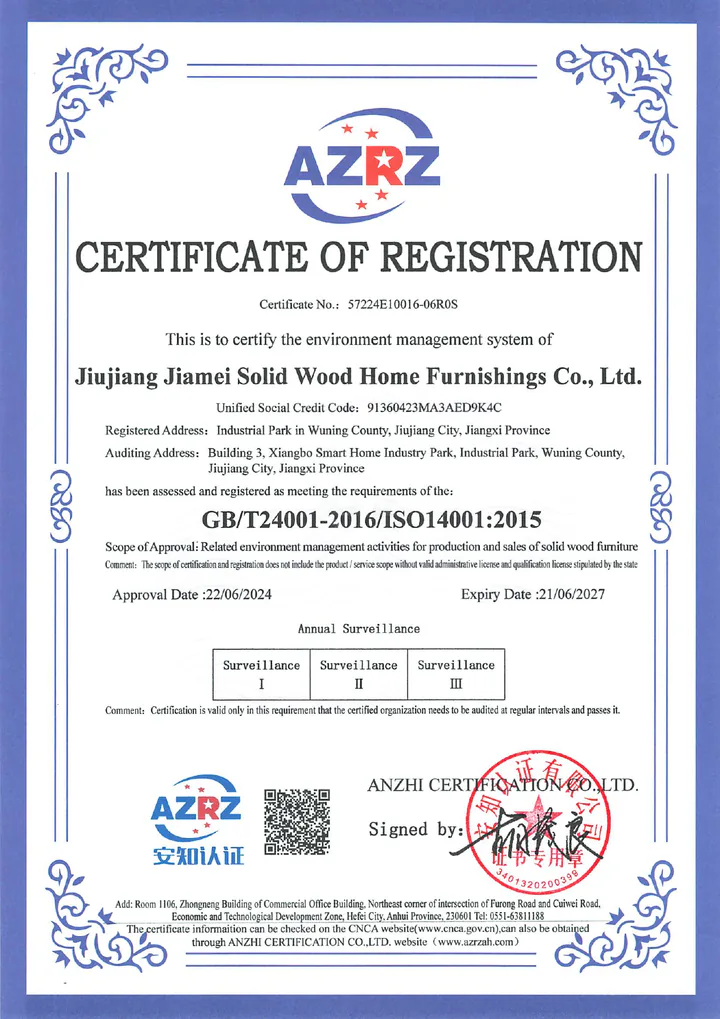 Jiujiang Jiamei Solid Wood Home Furnishings Co., Ltd. credential preview