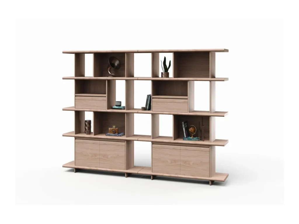 Open shelving unit with drawers and lower cabinets on a white studio background