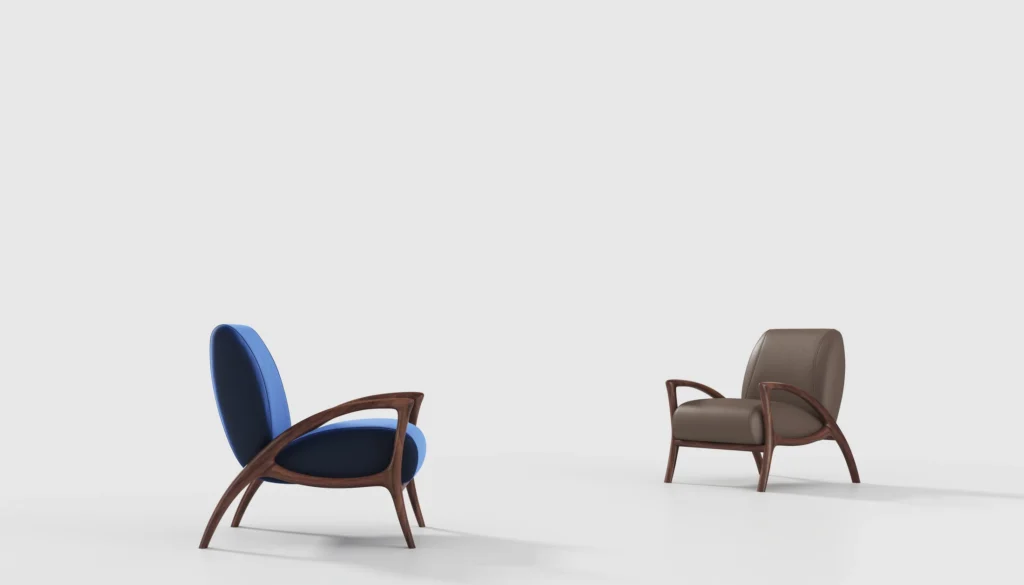 Upholstered lounge chair pair on a neutral background