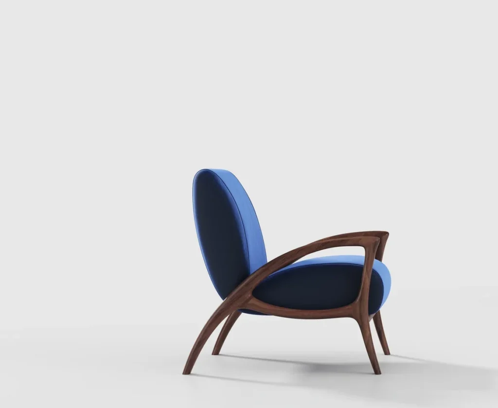 Upholstered lounge chair pair detail view